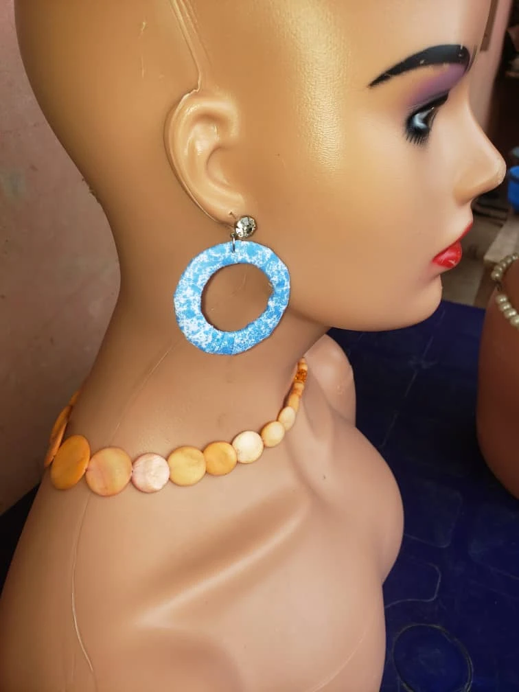 Grace Plus Fabric Wrapped Handmade Hoop Earrings - Blue African Print