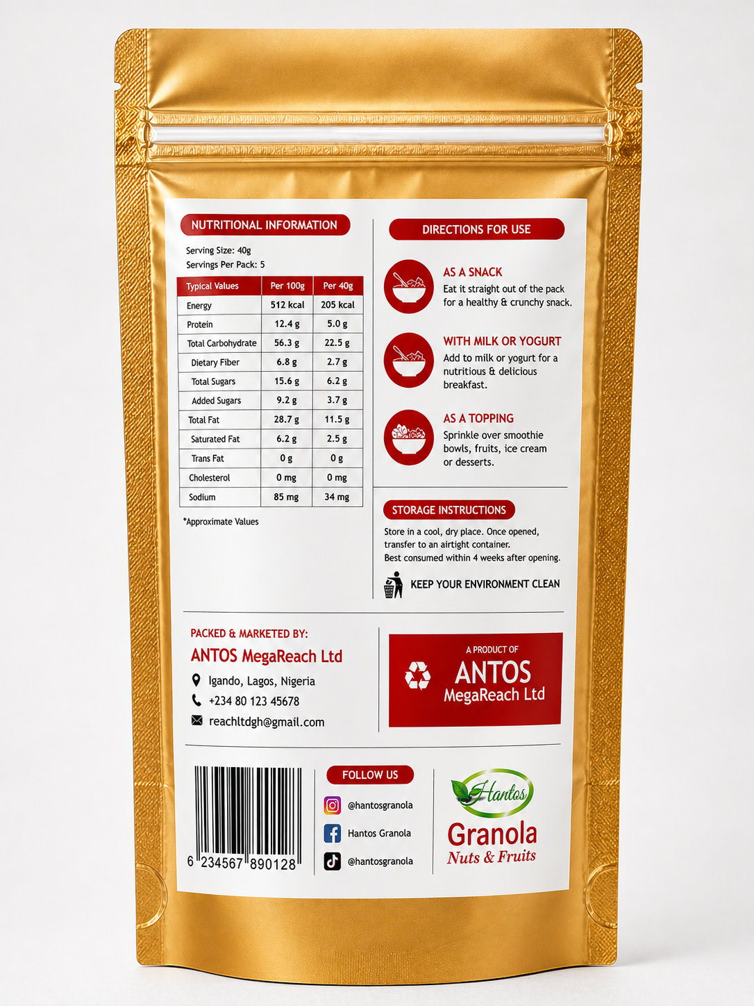 Hantos Healthy Granola with Crunchy Nuts and Dried Fruits (200g) - Nutritious Breakfast & Snack