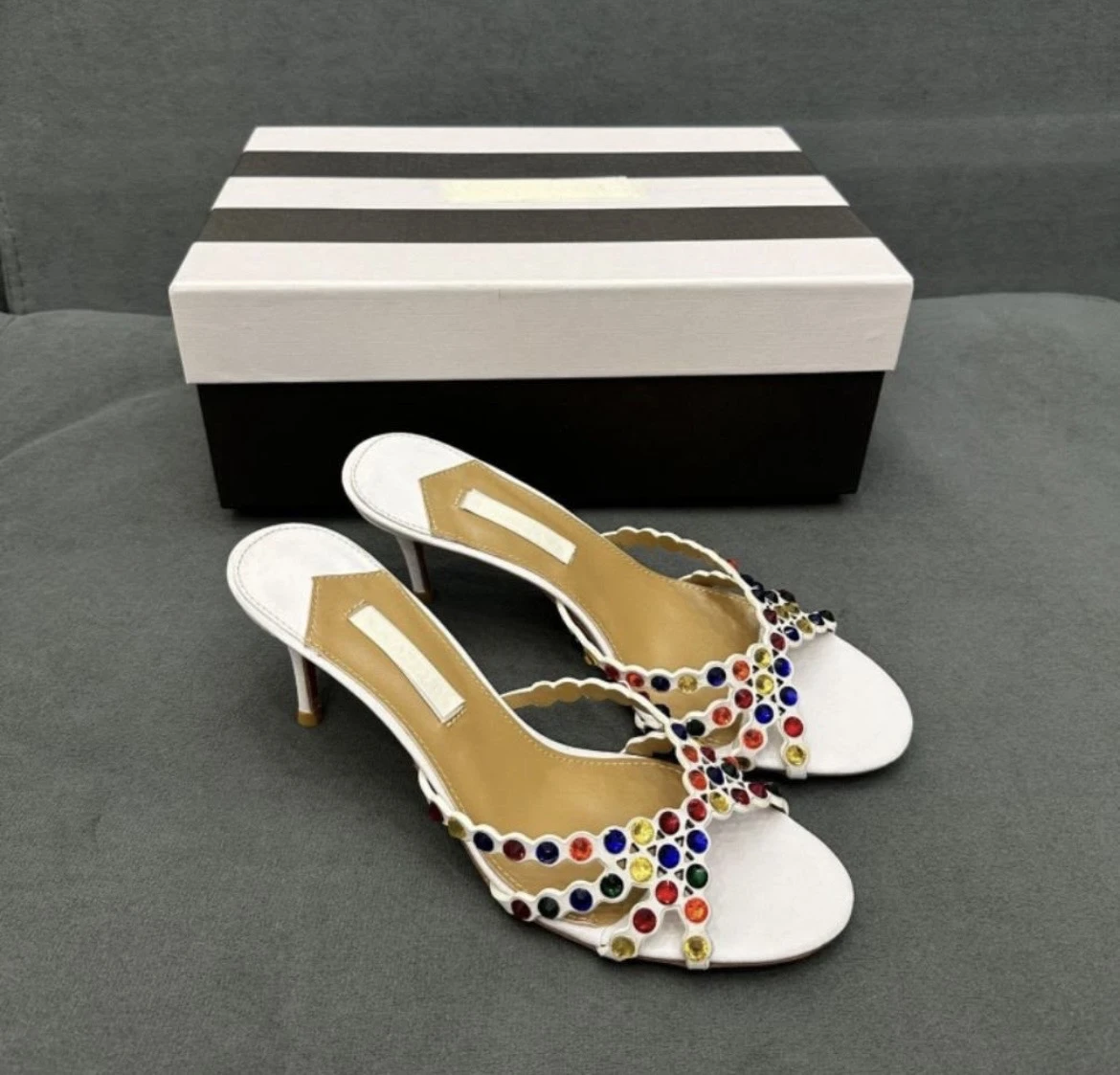 Elegant Crystal Beaded Mule Heels for Women – Open Toe Party Sandals (Black, White, Wine Red) Size 38-43