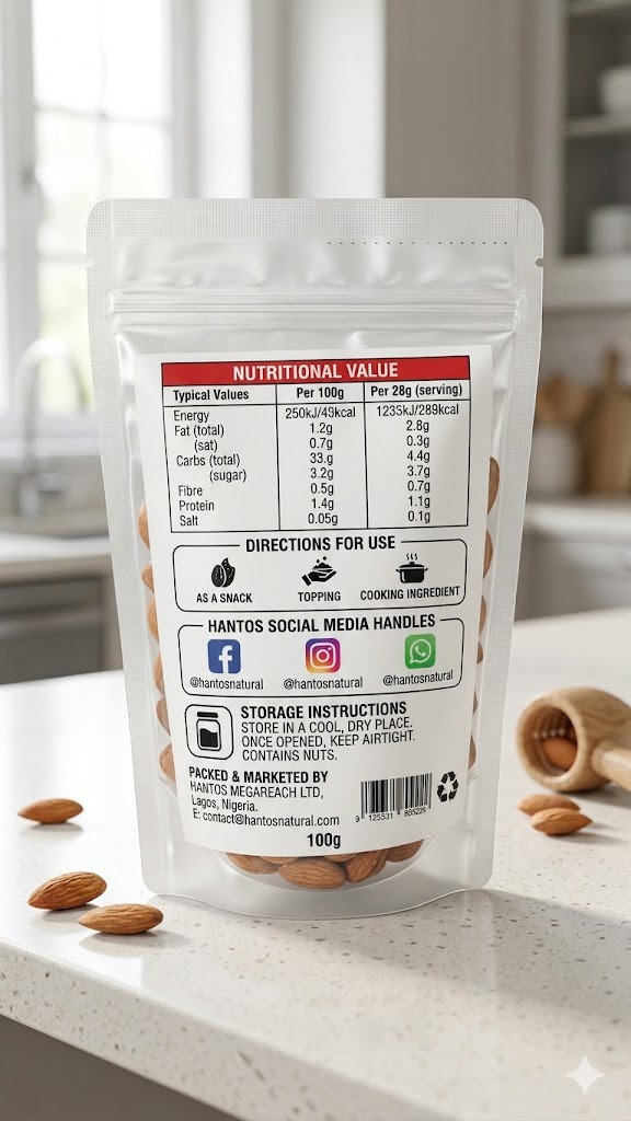 Hantos 100% Natural Almond Nuts (Premium Quality Healthy Snack) - 100g